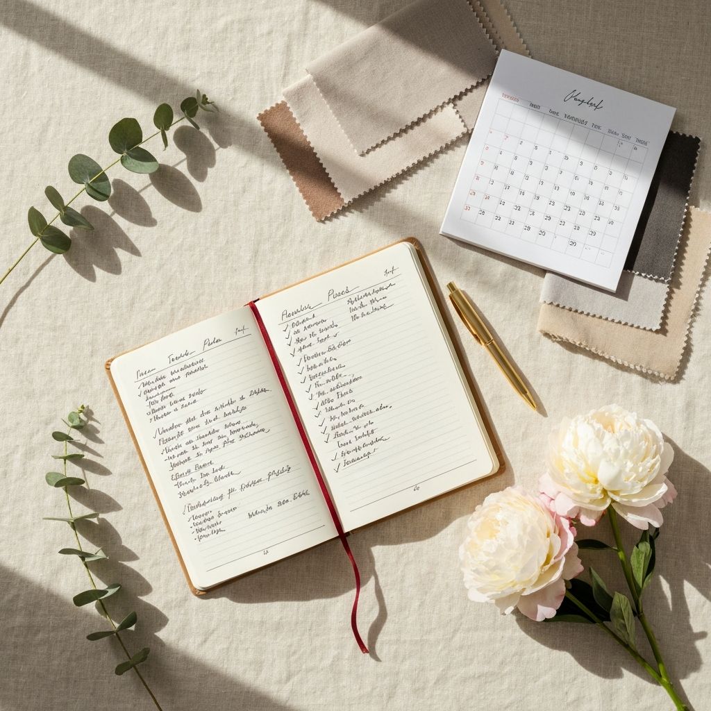 Wedding planning workspace with notebook, peonies, and gold pen on ivory linen