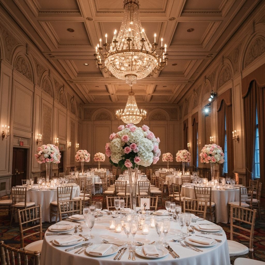 Elegant wedding venue with chandeliers and floral centerpieces